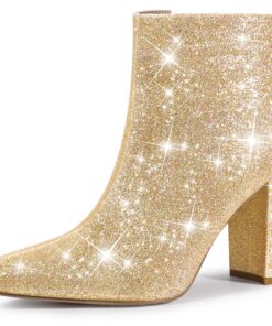 Perphy Christmas Colors Women's Glitter Pointed Toe Chunky Heel Sparkly Booties Ankle Boots