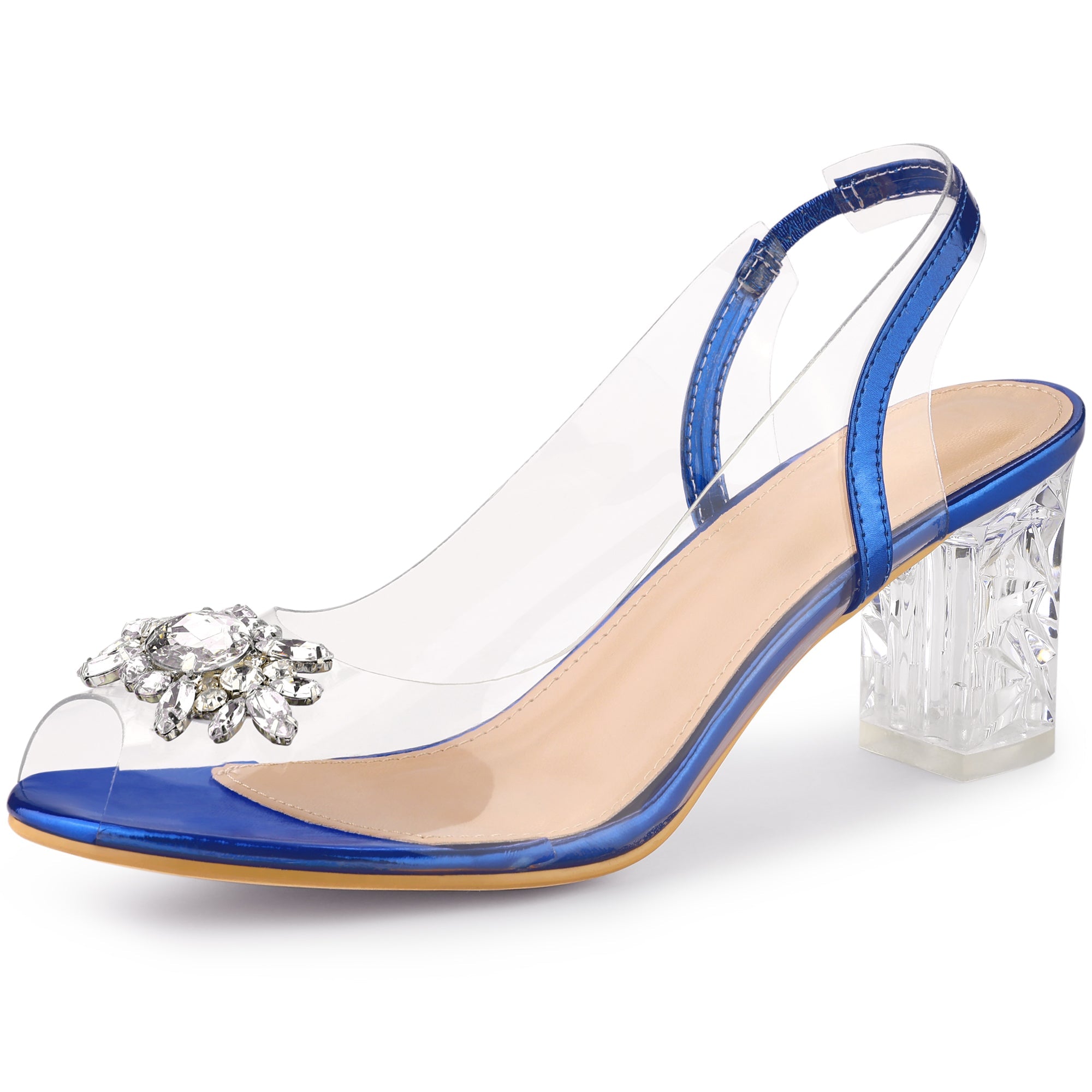 Perphy Clear Slingback Rhinestone Peep Toe Block Heels Sandals